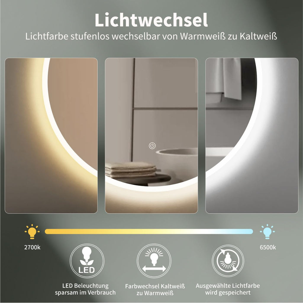 HOKO LED-Badspiegel rund 60 cm, mit Touch-Schalter & Farbwechsel, IP44