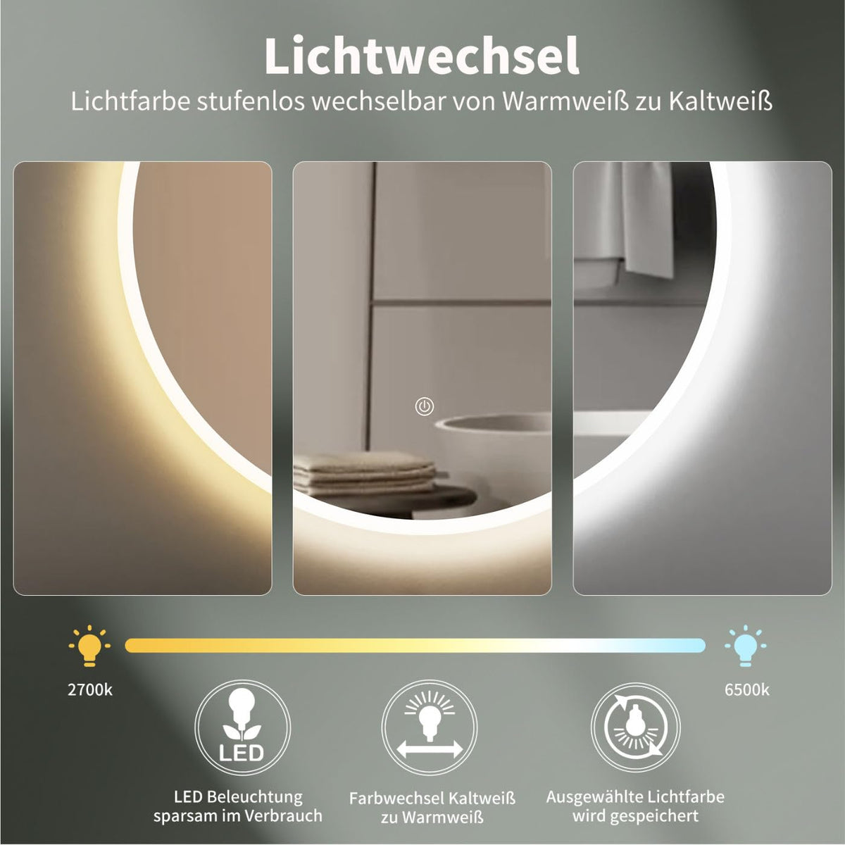 HOKO LED-Badspiegel rund 60 cm, mit Touch-Schalter & Farbwechsel, IP44
