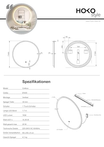 HOKO LED-Badspiegel rund 60 cm, mit Touch-Schalter & Farbwechsel, IP44