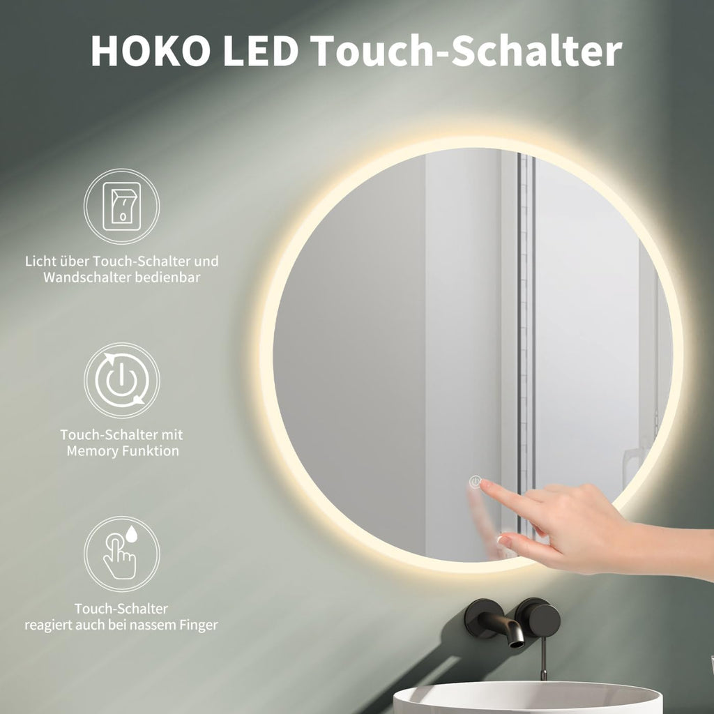 HOKO LED-Badspiegel rund 60 cm, mit Touch-Schalter & Farbwechsel, IP44