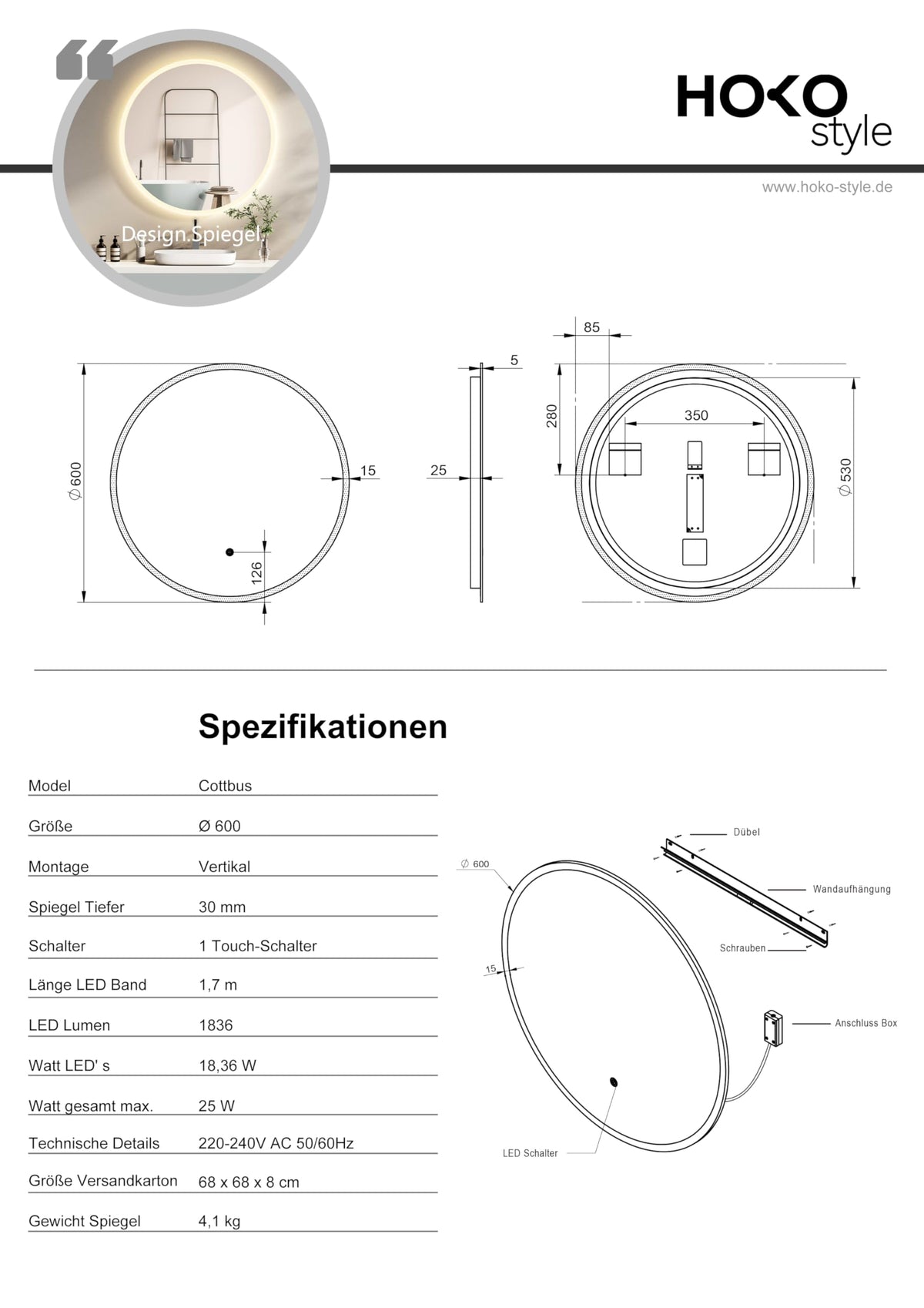 HOKO LED-Badspiegel rund 60 cm, mit Touch-Schalter & Farbwechsel, IP44