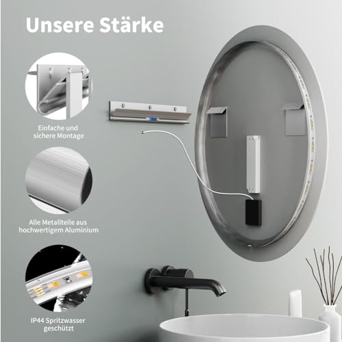 HOKO LED-Badspiegel rund 60 cm, mit Touch-Schalter & Farbwechsel, IP44
