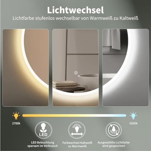 HOKO LED-Badspiegel rund 60 cm, mit Touch-Schalter & Farbwechsel, IP44