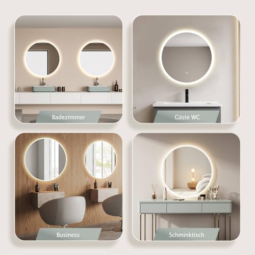 HOKO LED-Badspiegel rund 60 cm, mit Touch-Schalter & Farbwechsel, IP44