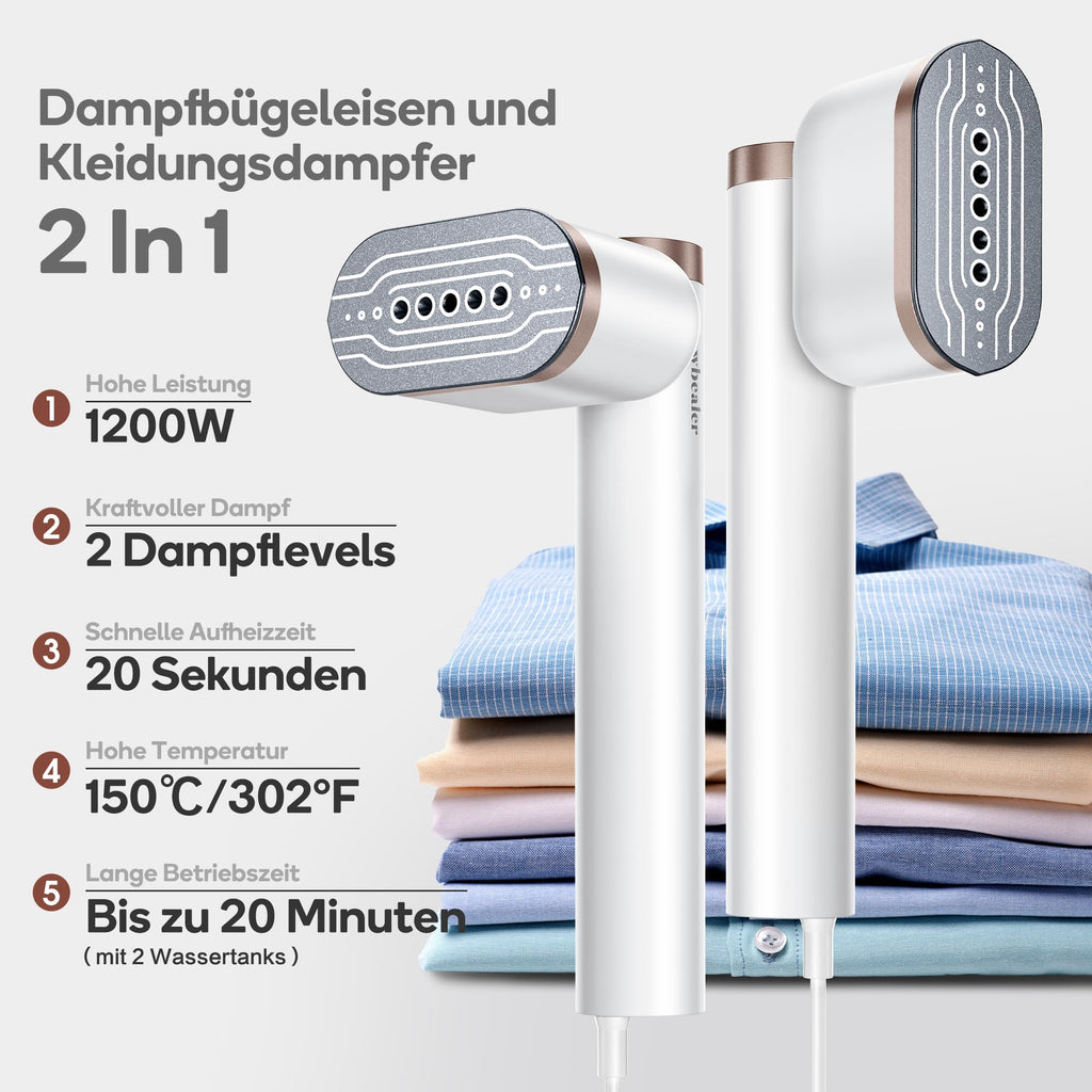 Newbealer Steamer Dampfglätter, 1200W, 120ml, Tragbarer Dampfbügel mit Hand Dampfbürste für Kleidung & Hemden Bügeln, 20s Schnelles Aufheizen, Horizontales und Vertikales Dampfen, 2 Dampfstufen