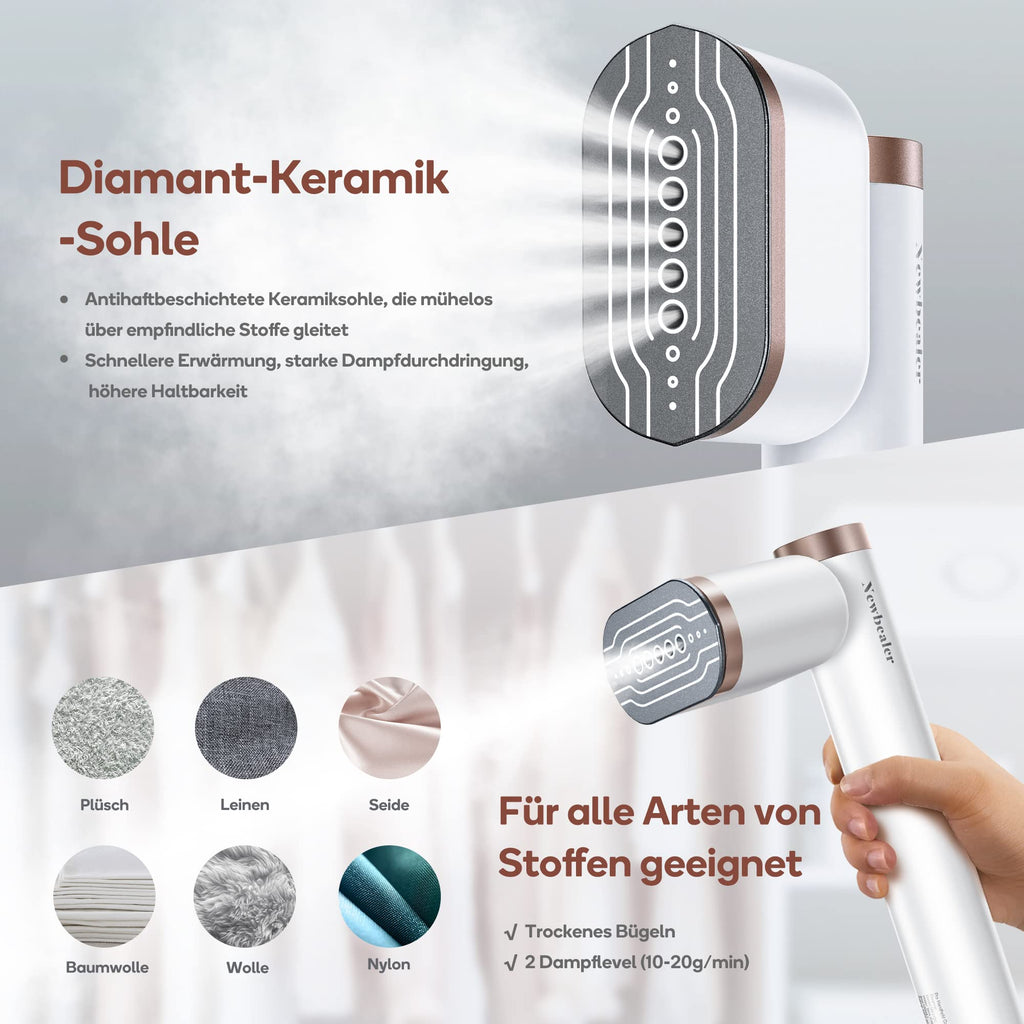 Newbealer Steamer Dampfglätter, 1200W, 120ml, Tragbarer Dampfbügel mit Hand Dampfbürste für Kleidung & Hemden Bügeln, 20s Schnelles Aufheizen, Horizontales und Vertikales Dampfen, 2 Dampfstufen