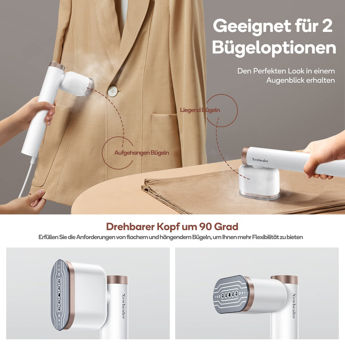 Newbealer Steamer Dampfglätter, 1200W, 120ml, Tragbarer Dampfbügel mit Hand Dampfbürste für Kleidung & Hemden Bügeln, 20s Schnelles Aufheizen, Horizontales und Vertikales Dampfen, 2 Dampfstufen