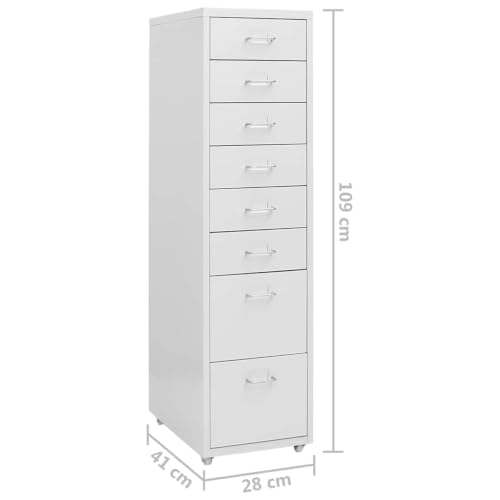 Aktenschrank mit Rollen Grau Metall 28x41x109 cm 8 Schubladen Büroschrank für Büro Arbeitszimmer Homeoffice mit Namensschildhalter und Leichter Reinigung