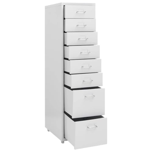 Aktenschrank mit Rollen Grau Metall 28x41x109 cm 8 Schubladen Büroschrank für Büro Arbeitszimmer Homeoffice mit Namensschildhalter und Leichter Reinigung