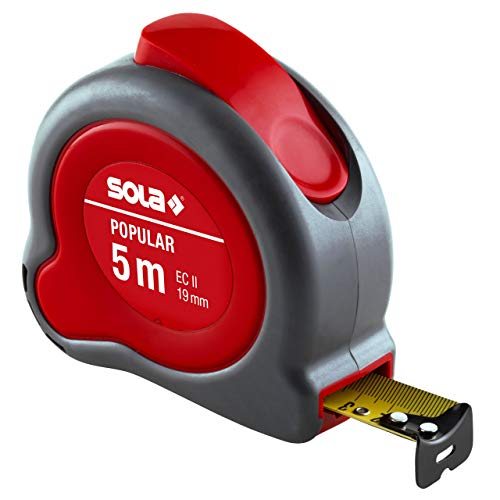 SOLA POPULAR - Bandmaß 5m / 19mm - Profi-Rollbandmaß mit Gürtelclip - Stahlband, gelb lackiert mit mm Skala - Genauigkeitsklasse II - Rollmeter mit beweglichem Endhaken - Metermaß Länge - 5m / 19mm