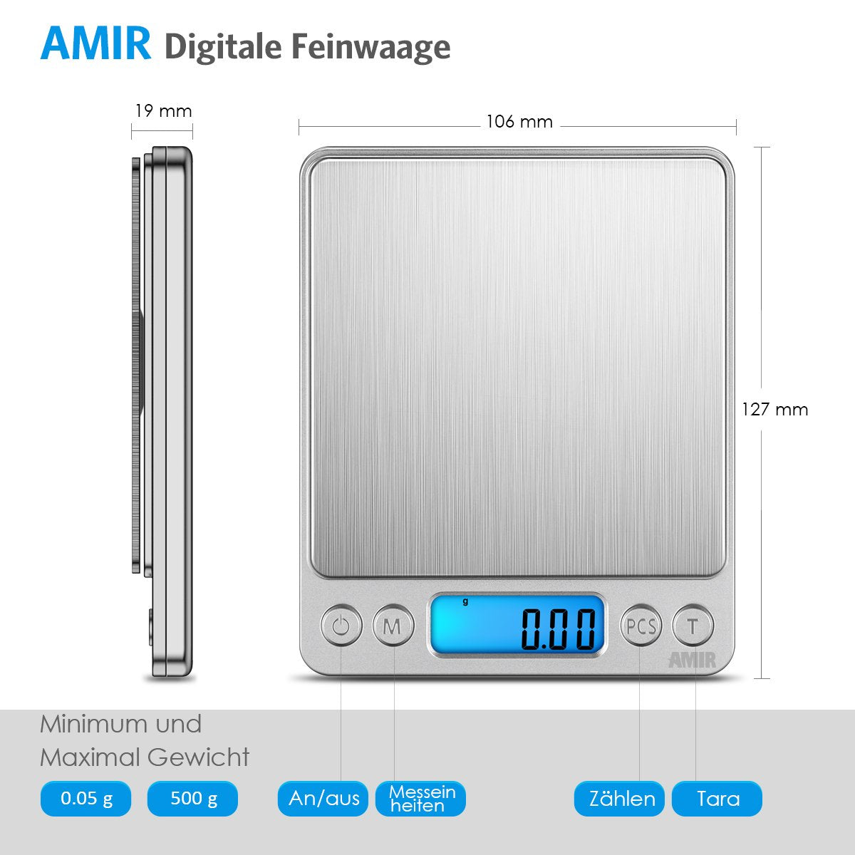 AMIR Feinwaage 0.01g, Digitalwaage 500g/0.01g Taschenwaage, Briefwaage, Grammwaage, Digital Feinwaage mit PCS Funktion, Tara-Funktion, 6 Einheiten Konvertierung, LCD-Display, Auto-Off