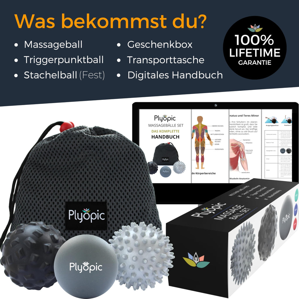 Plyopic Massageball Set – Faszienball, Triggerpunkt Ball & Igelball mit Noppen – Selbstmassage & Fußmassage Ball für Rücken, Nacken, Beine, Füße – Lacrosse Ball gegen Muskelkater & Schmerzen