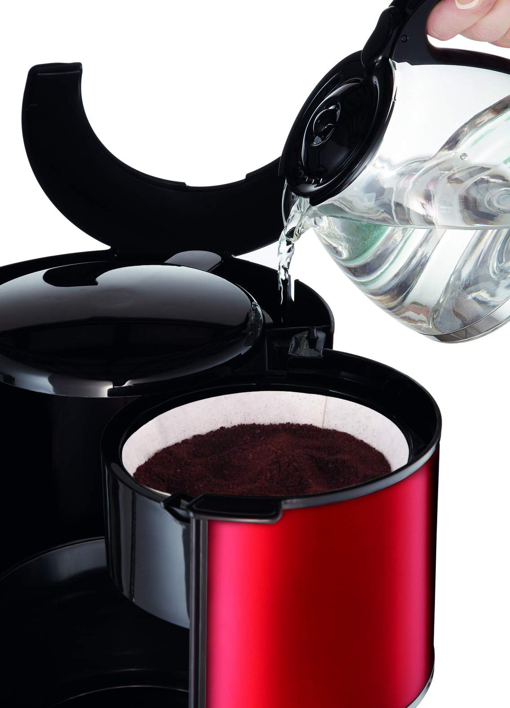 Moulinex Filterkaffeemaschine Subito, Glaskanne, 10-15 Tassen, 1,25L Fassungsvermögen, automatische Abschaltfunktion, herausnehmbarer Filtereinsatz, Wasserstandsanzeige, Edelstahl, rot/schwarz, FG360D