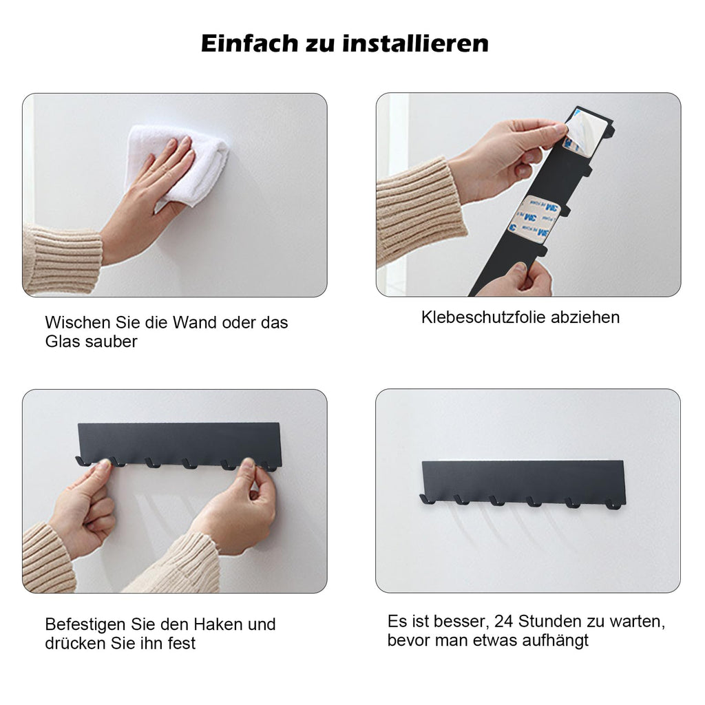 2 Stück Schlüsselbrett mit 6 Haken,Metall Schlüsselhalter Wand,Schlüsselboard ohne bohren,Selbstklebendes Schlüsselhaken Für Schlüsselaufbewahrung Hängen Küchenbesteck Schwarz