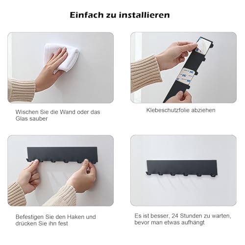 2 Stück Schlüsselbrett mit 6 Haken,Metall Schlüsselhalter Wand,Schlüsselboard ohne bohren,Selbstklebendes Schlüsselhaken Für Schlüsselaufbewahrung Hängen Küchenbesteck Schwarz