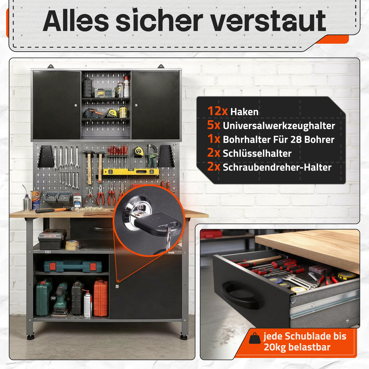 Ondis24 Werkstatteinrichtung Klaus, Metall, 1 Werkstattschrank, Lochwand, Hakensortiment (Arbeitshöhe 85 cm, Schwarz)