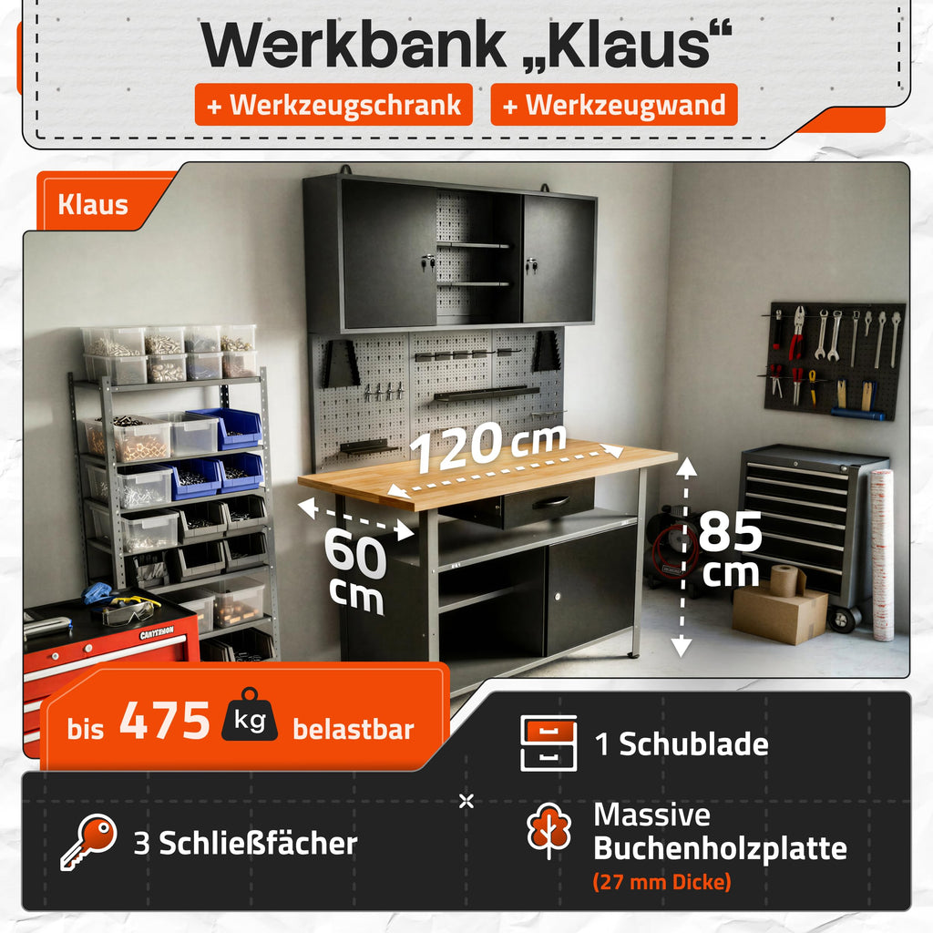 Ondis24 Werkstatteinrichtung Klaus, Metall, 1 Werkstattschrank, Lochwand, Hakensortiment (Arbeitshöhe 85 cm, Schwarz)