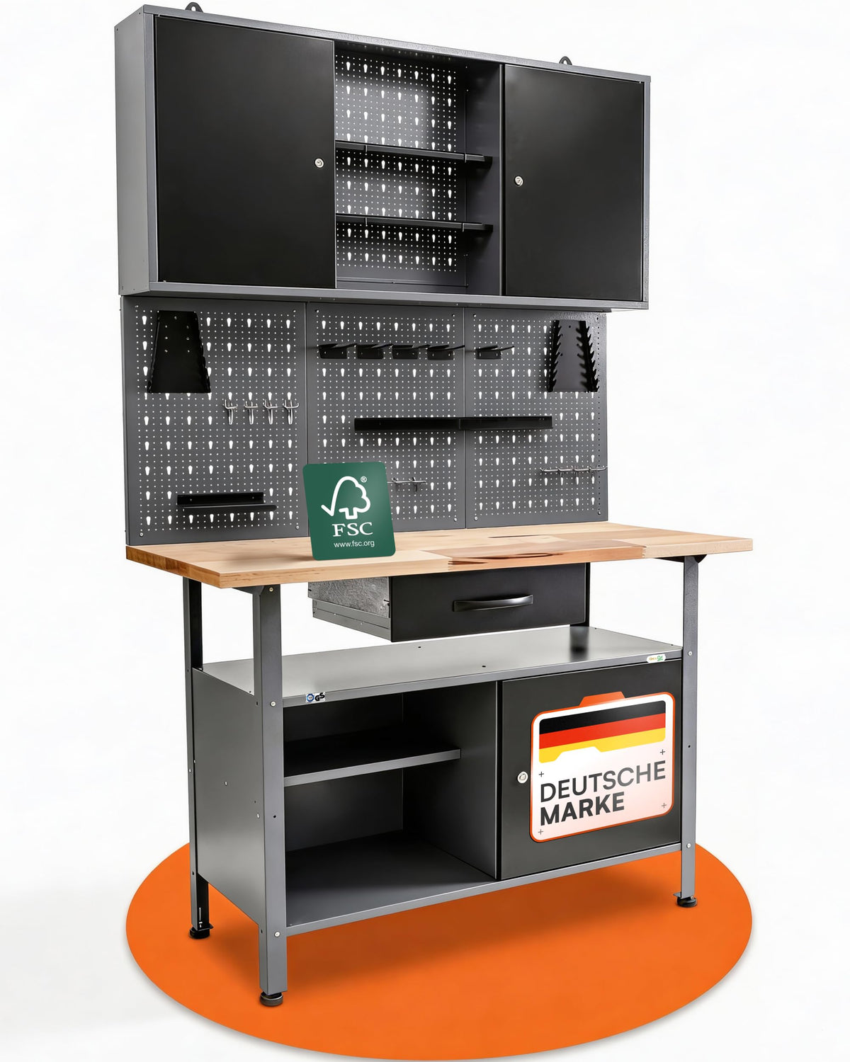 Ondis24 Werkstatteinrichtung Klaus, Metall, 1 Werkstattschrank, Lochwand, Hakensortiment (Arbeitshöhe 85 cm, Schwarz)