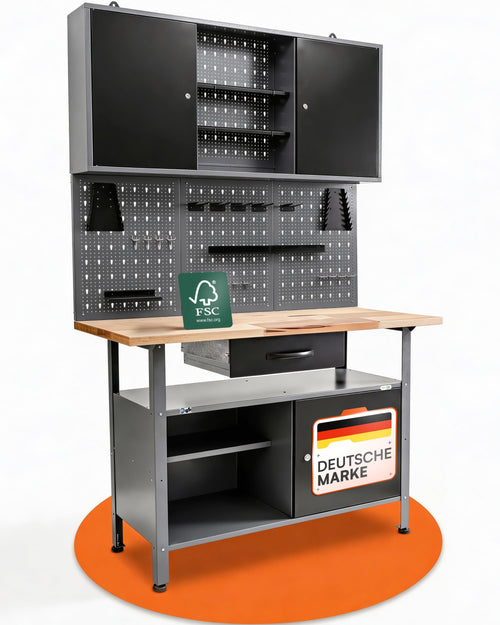 Ondis24 Werkstatteinrichtung Klaus, Metall, 1 Werkstattschrank, Lochwand, Hakensortiment (Arbeitshöhe 85 cm, Schwarz)