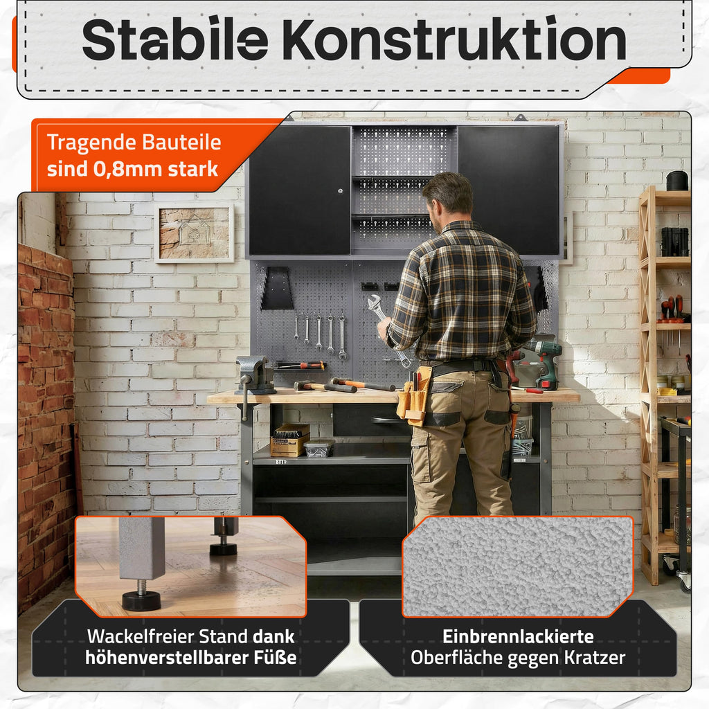 Ondis24 Werkstatteinrichtung Klaus, Metall, 1 Werkstattschrank, Lochwand, Hakensortiment (Arbeitshöhe 85 cm, Schwarz)
