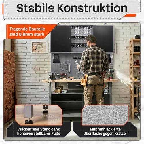 Ondis24 Werkstatteinrichtung Klaus, Metall, 1 Werkstattschrank, Lochwand, Hakensortiment (Arbeitshöhe 85 cm, Schwarz)