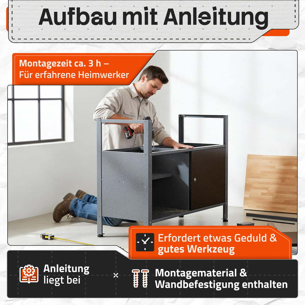Ondis24 Werkstatteinrichtung Klaus, Metall, 1 Werkstattschrank, Lochwand, Hakensortiment (Arbeitshöhe 85 cm, Schwarz)