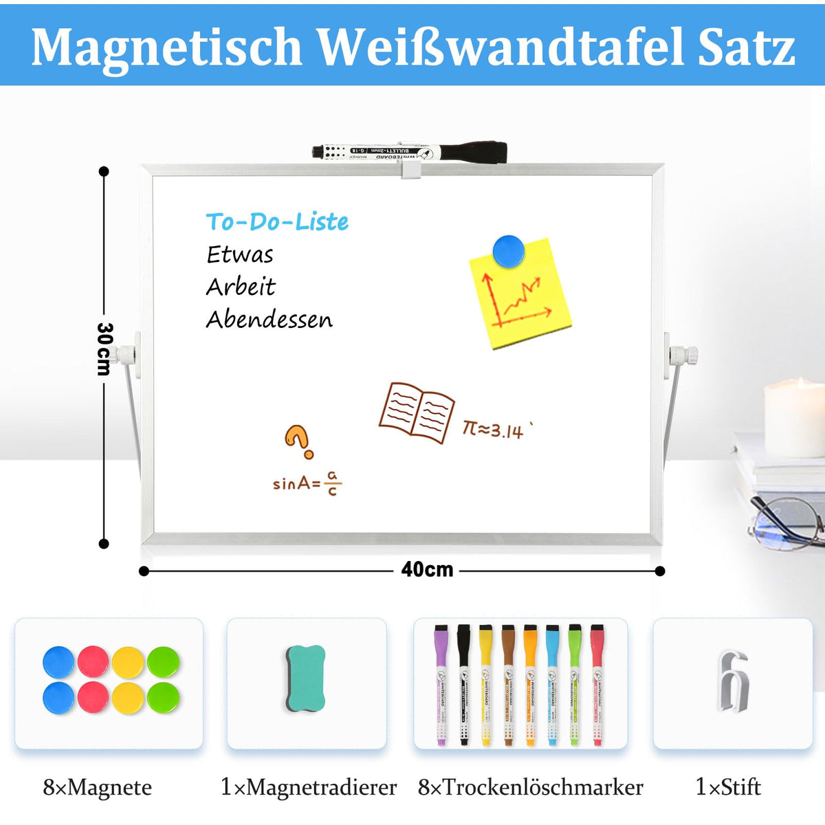 Whiteboard Magnetisch, Beidseitige Verwendung Desktop Magnettafel klein, White Board Klein mit Ständer 30x40cm Schreibtafel Abwischbar