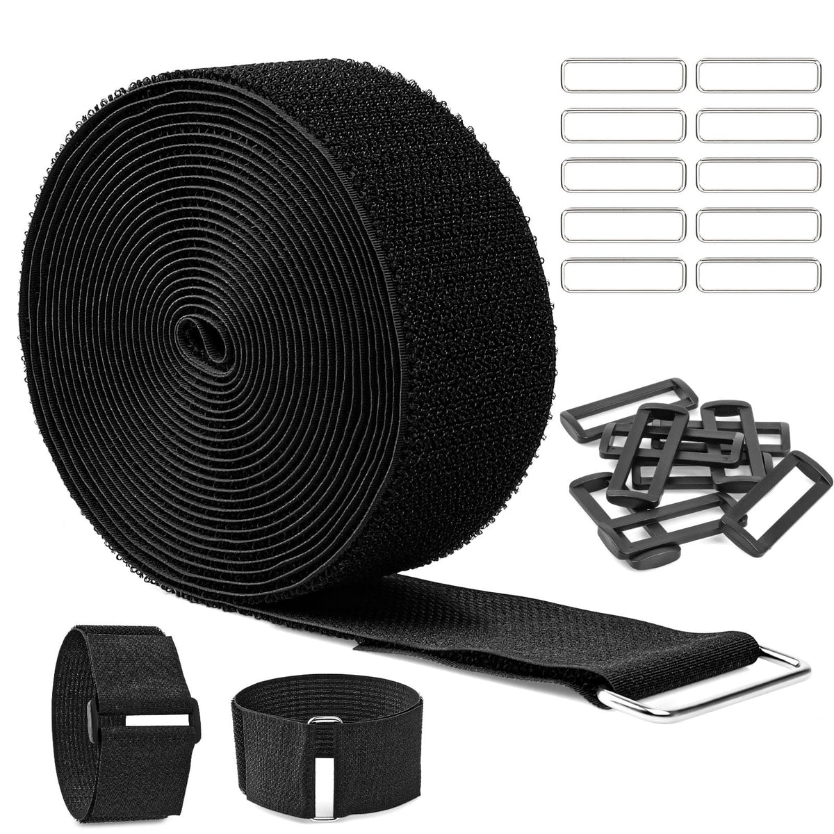 5m x 5cm Klettband mit 20 Schnalle, Freie Schnittlänge Klett Kabelbinder Wiederverschließbar, Kabel Klettbinder Klettverschluss Band Schwarz für Kabel, Schnüre, Schläuche usw
