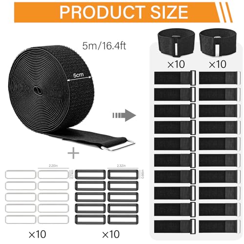 5m x 5cm Klettband mit 20 Schnalle, Freie Schnittlänge Klett Kabelbinder Wiederverschließbar, Kabel Klettbinder Klettverschluss Band Schwarz für Kabel, Schnüre, Schläuche usw