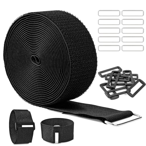 5m x 5cm Klettband mit 20 Schnalle, Freie Schnittlänge Klett Kabelbinder Wiederverschließbar, Kabel Klettbinder Klettverschluss Band Schwarz für Kabel, Schnüre, Schläuche usw