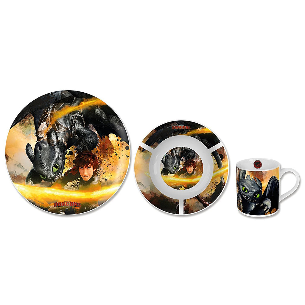 Dragons 3 teiliges Porzellan Frühstück-Set Teller Becher Müslischale im praktischen Geschenkkarton Design 2016