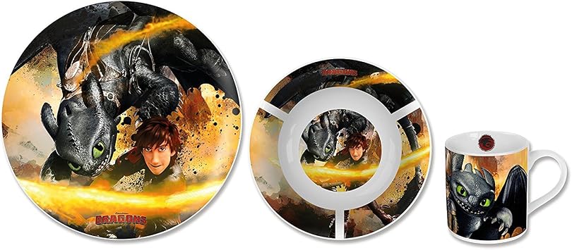 Dragons 3 teiliges Porzellan Frühstück-Set Teller Becher Müslischale im praktischen Geschenkkarton Design 2016