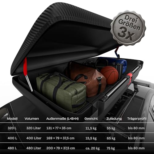 Dachbox Auto VDP-BA320 - Dachkoffer für Auto 320l - Autobox Dach im Carbonlook - Roof Box Autodach mit Zentralverriegelung - Aerodynamische Dachbox