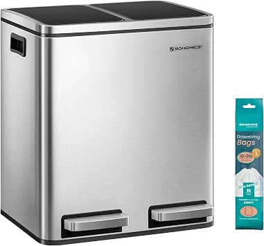 SONGMICS Mülleimer Küche, 2 x 15 Liter, Mülltrennsystem 2 Fächer, inklusive 15 Müllbeutel, Abfalleimer, Treteimer, recycelbare Abfälle, Biomüll, Softclose-Deckel, metallicsilber-tintenschwarz LTB30H