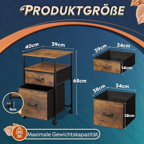 DEVAISE Rollcontainer mit 2 stoffbespannten Schubladen und offenem Fach Büro Organizer mit Feststellrädern für A4 Formate Vintage Braun