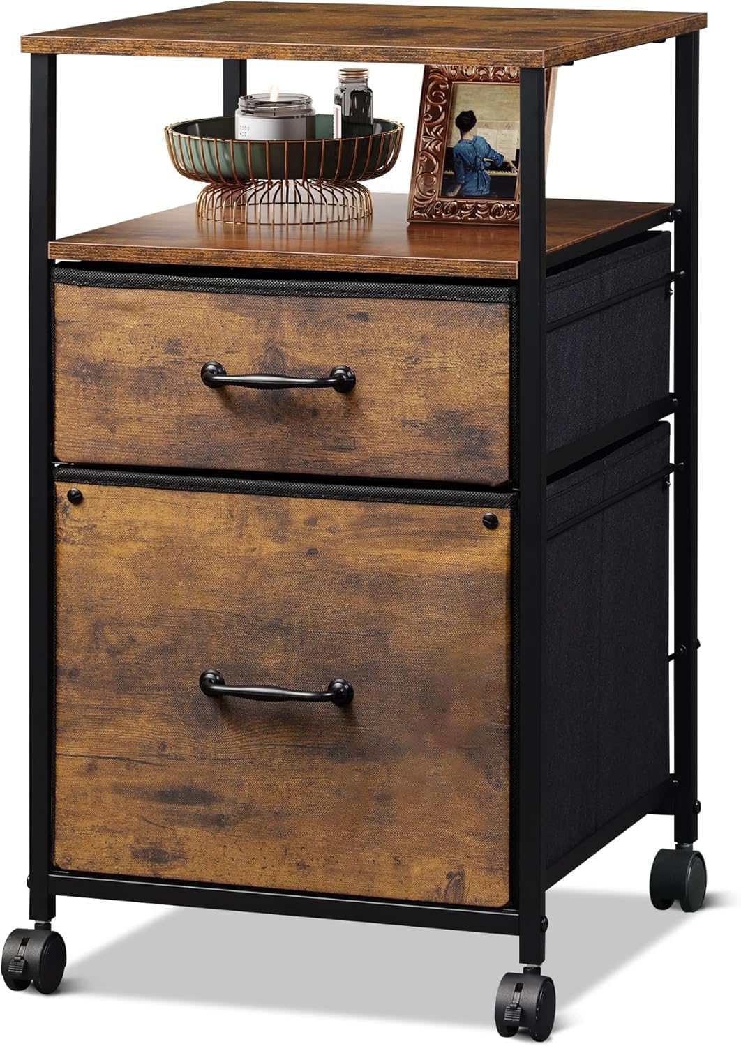 DEVAISE Rollcontainer mit 2 stoffbespannten Schubladen und offenem Fach Büro Organizer mit Feststellrädern für A4 Formate Vintage Braun
