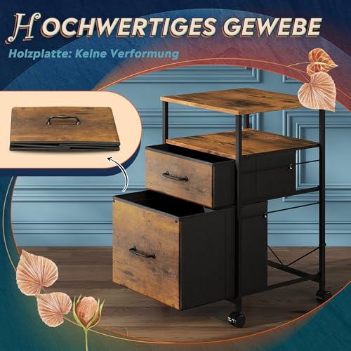 DEVAISE Rollcontainer mit 2 stoffbespannten Schubladen und offenem Fach Büro Organizer mit Feststellrädern für A4 Formate Vintage Braun