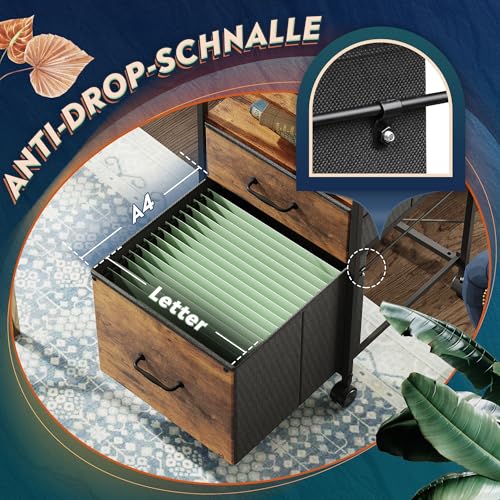 DEVAISE Rollcontainer mit 2 stoffbespannten Schubladen und offenem Fach Büro Organizer mit Feststellrädern für A4 Formate Vintage Braun