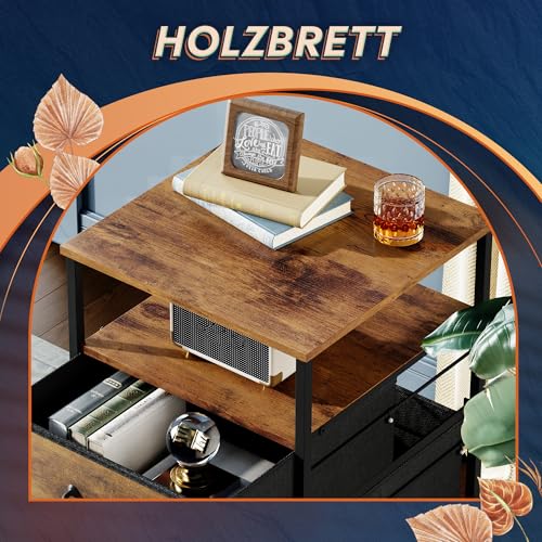 DEVAISE Rollcontainer mit 2 stoffbespannten Schubladen und offenem Fach Büro Organizer mit Feststellrädern für A4 Formate Vintage Braun