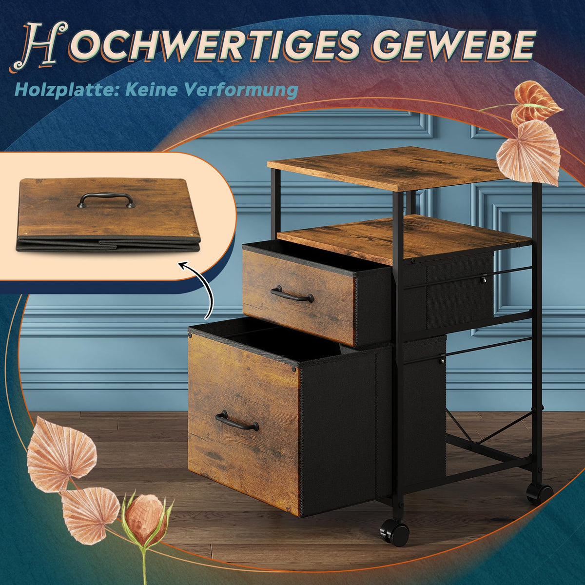 DEVAISE Rollcontainer mit 2 stoffbespannten Schubladen und offenem Fach Büro Organizer mit Feststellrädern für A4 Formate Vintage Braun