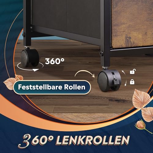 DEVAISE Rollcontainer mit 2 stoffbespannten Schubladen und offenem Fach Büro Organizer mit Feststellrädern für A4 Formate Vintage Braun