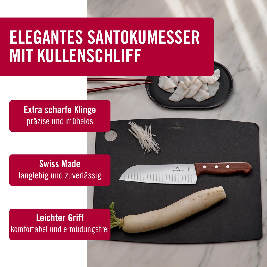 Victorinox Wood Santokumesser, Japanisches Kochmesser, 17 cm, Kullenschliff