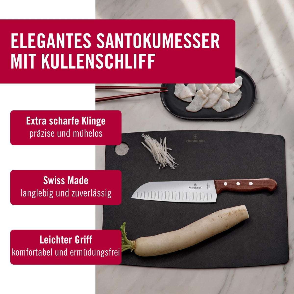 Victorinox Wood Santokumesser, Japanisches Kochmesser, 17 cm, Kullenschliff