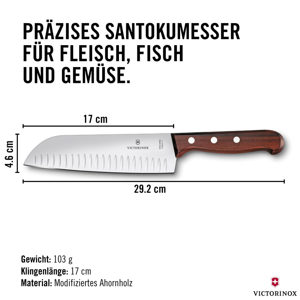 Victorinox Wood Santokumesser, Japanisches Kochmesser, 17 cm, Kullenschliff