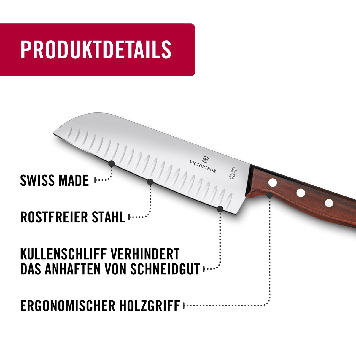 Victorinox Wood Santokumesser, Japanisches Kochmesser, 17 cm, Kullenschliff
