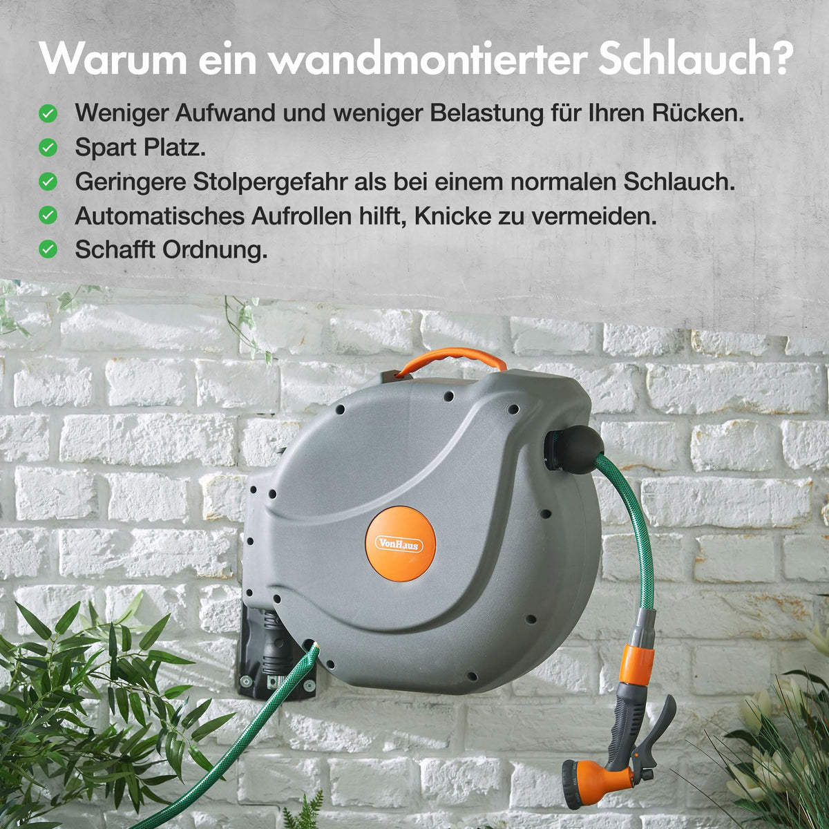 VonHaus Schlauchtrommel 20m, Wandmontierte Gartenschlauch Trommel mit Automatischer Aufrollfunktion, Auto Lock, 180° Schwenkbar Schlauchbox, Schlauchaufroller Inkl. 8 Funktionen Sprühpistole