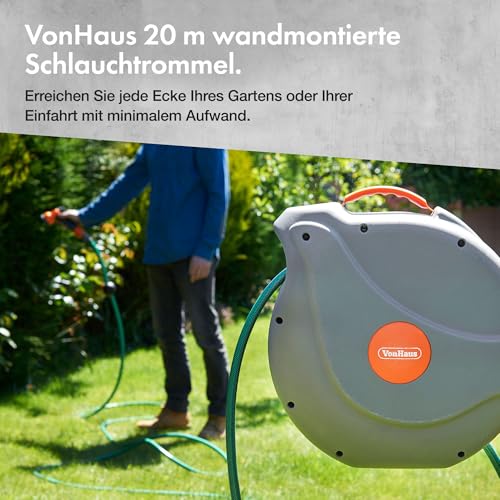 VonHaus Schlauchtrommel 20m, Wandmontierte Gartenschlauch Trommel mit Automatischer Aufrollfunktion, Auto Lock, 180° Schwenkbar Schlauchbox, Schlauchaufroller Inkl. 8 Funktionen Sprühpistole