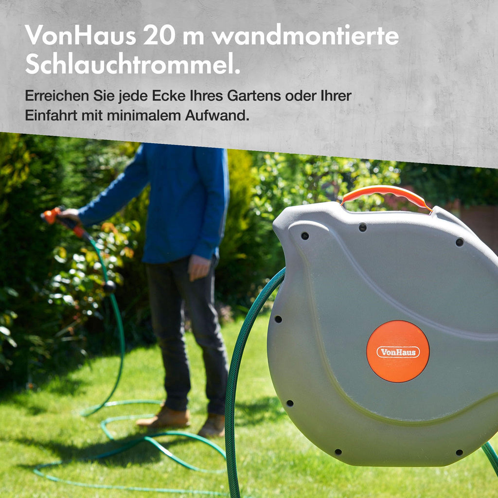VonHaus Schlauchtrommel 20m, Wandmontierte Gartenschlauch Trommel mit Automatischer Aufrollfunktion, Auto Lock, 180° Schwenkbar Schlauchbox, Schlauchaufroller Inkl. 8 Funktionen Sprühpistole