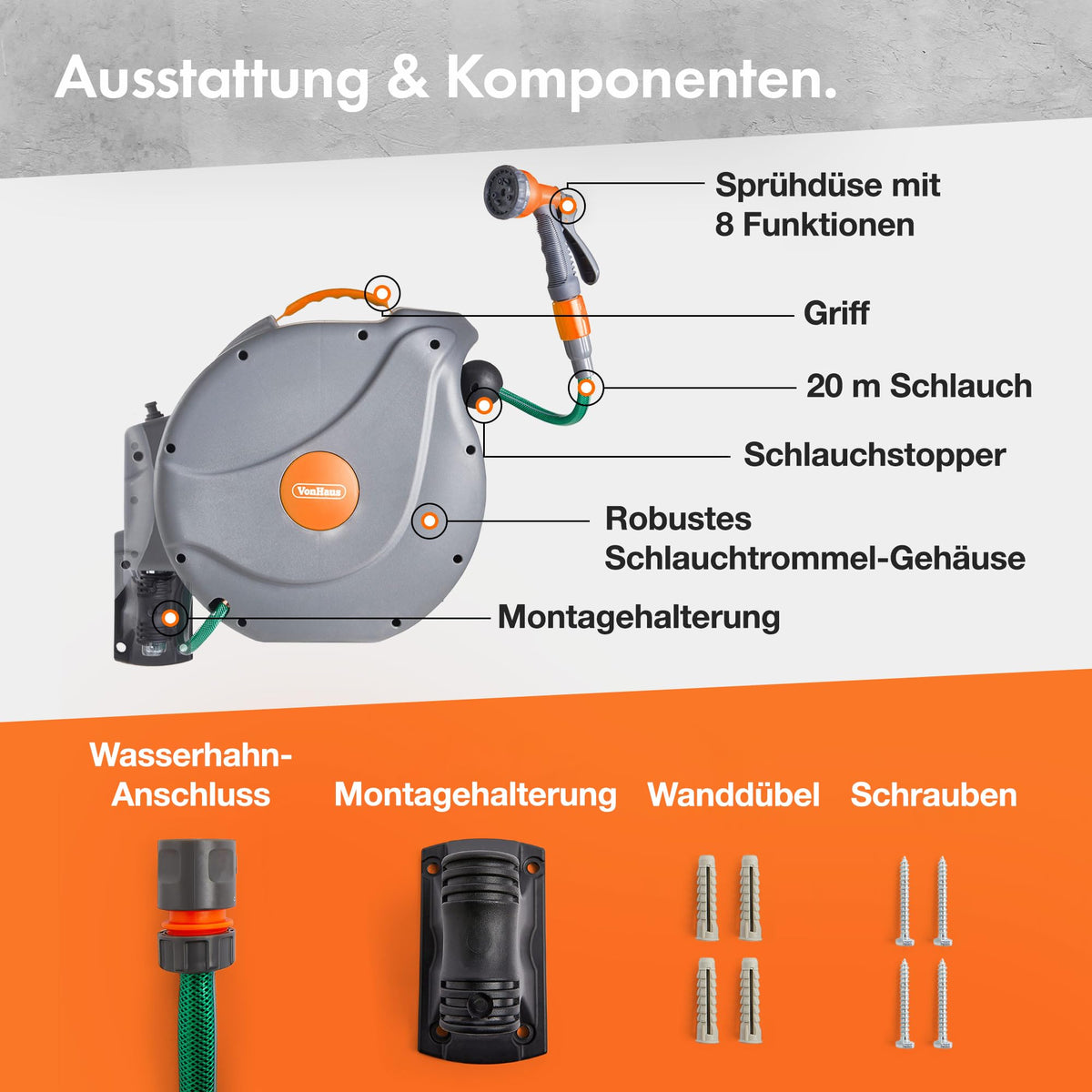 VonHaus Schlauchtrommel 20m, Wandmontierte Gartenschlauch Trommel mit Automatischer Aufrollfunktion, Auto Lock, 180° Schwenkbar Schlauchbox, Schlauchaufroller Inkl. 8 Funktionen Sprühpistole