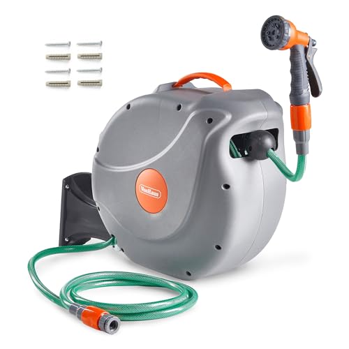 VonHaus Schlauchtrommel 20m, Wandmontierte Gartenschlauch Trommel mit Automatischer Aufrollfunktion, Auto Lock, 180° Schwenkbar Schlauchbox, Schlauchaufroller Inkl. 8 Funktionen Sprühpistole